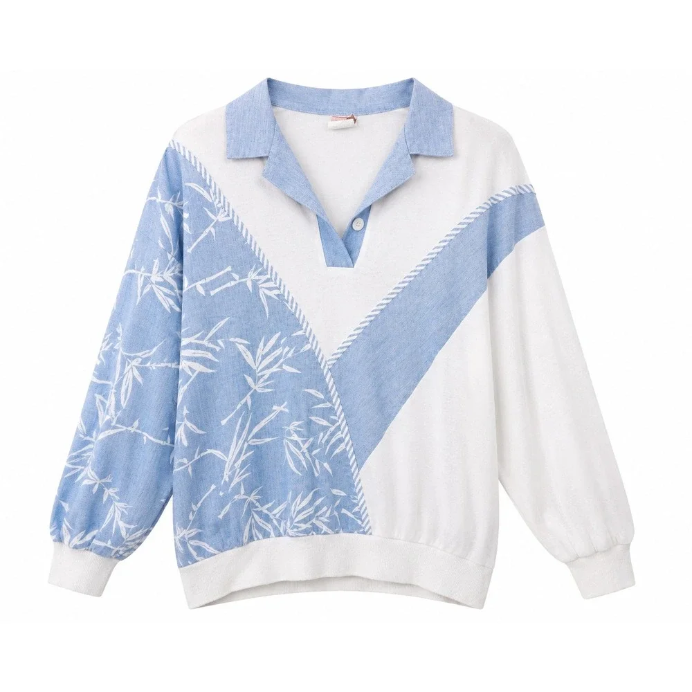 Vintage 80s GW/Graff Bamboo Print  Pullover Top Blue White Ladies M Made in USA